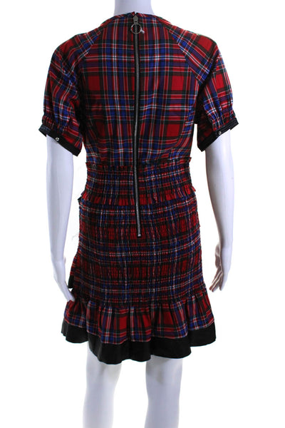 Tanya Taylor Womens Asymmetric Smocked Plaid Sheath Dress Red Blue Green Size 6