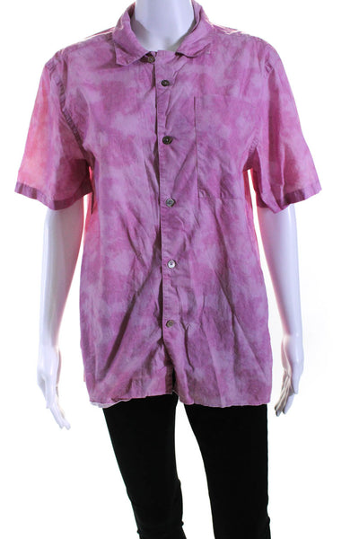 Ovadia Womens Short Sleeve Marbled Poplin Button Up Shirt Blouse Pink Size Small