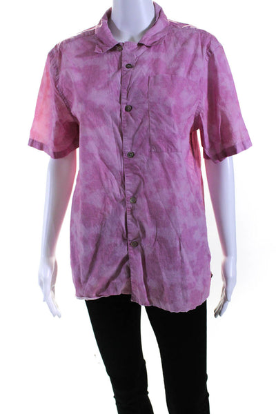 Ovadia Womens Short Sleeve Marbled Poplin Button Up Shirt Blouse Pink Size Small