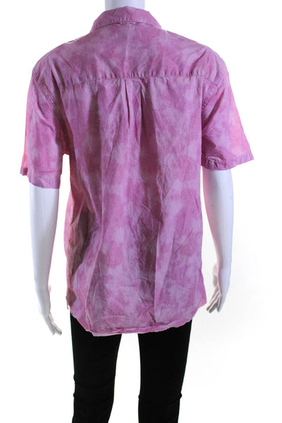 Ovadia Womens Short Sleeve Marbled Poplin Button Up Shirt Blouse Pink Size Small