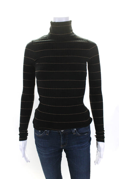 Vince Womens Long Sleeve Turtleneck Ribbed Striped Shirt Black Brown Size XS