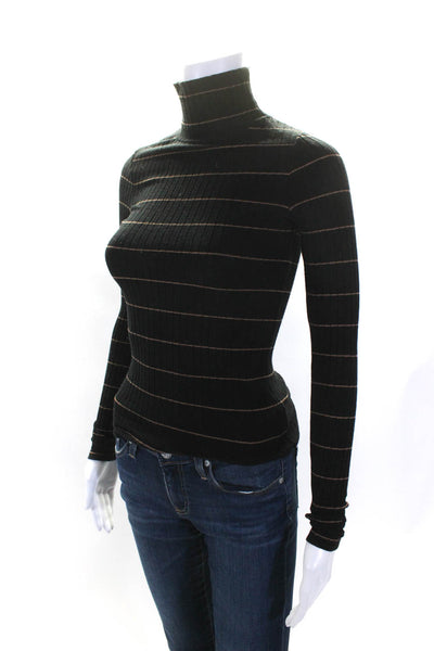 Vince Womens Long Sleeve Turtleneck Ribbed Striped Shirt Black Brown Size XS