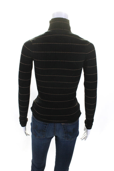 Vince Womens Long Sleeve Turtleneck Ribbed Striped Shirt Black Brown Size XS