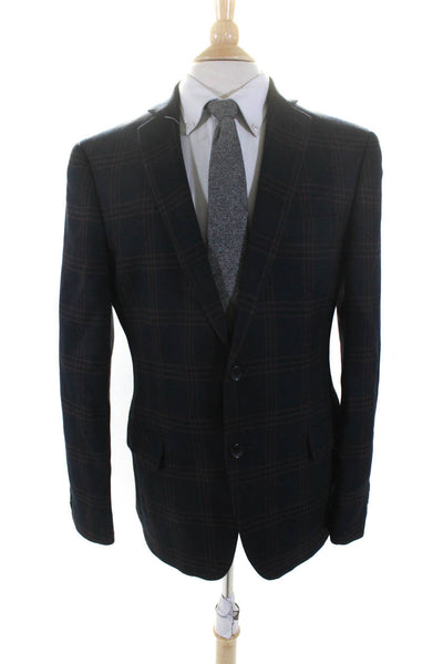 Stafford Mens Plaid Print Buttoned Collared Long Sleeve Blazer Navy Size EUR42