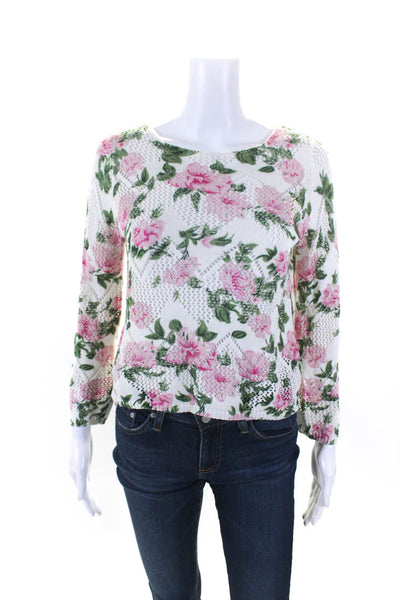 Autumn Cashmere Womens Pointelle Knit Floral Crew Neck Sweater White Pink XS