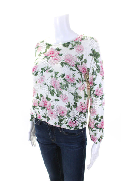 Autumn Cashmere Womens Pointelle Knit Floral Crew Neck Sweater White Pink XS