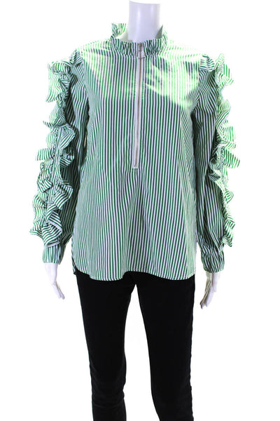 C/MEO Collective Womens Striped Ruffle Half Zip Top Blouse Green White Size XXS