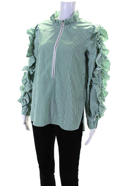 C/MEO Collective Womens Striped Ruffle Half Zip Top Blouse Green White Size XXS