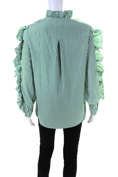 C/MEO Collective Womens Striped Ruffle Half Zip Top Blouse Green White Size XXS