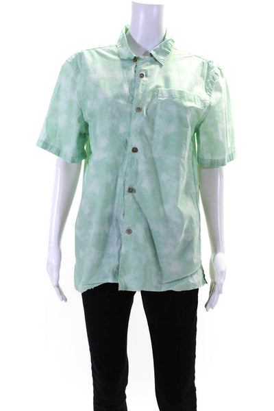 Ovadia Womens Short Sleeve Marbled Poplin Button Up Shirt Blouse Green Small