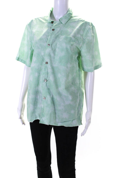 Ovadia Womens Short Sleeve Marbled Poplin Button Up Shirt Blouse Green Small