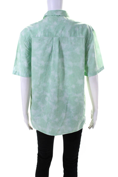 Ovadia Womens Short Sleeve Marbled Poplin Button Up Shirt Blouse Green Small