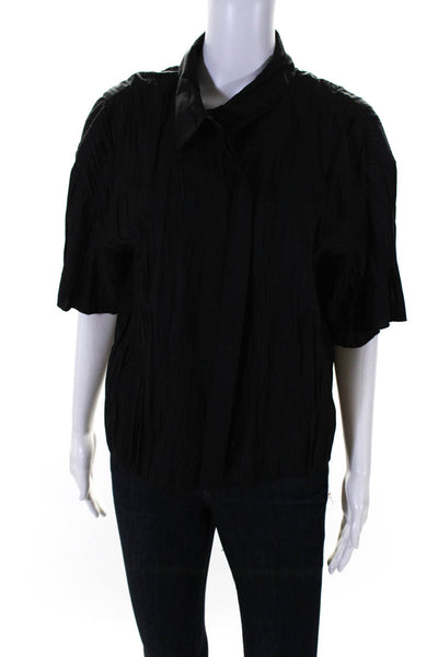 Frame Womens Plisse Short Sleeve Button Up Shirt Blouse Black Size Large