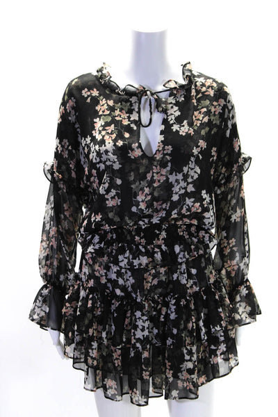 Misa Womens Floral Print Tassel Tied V-Neck Tiered Ruffled Dress Black Size XS