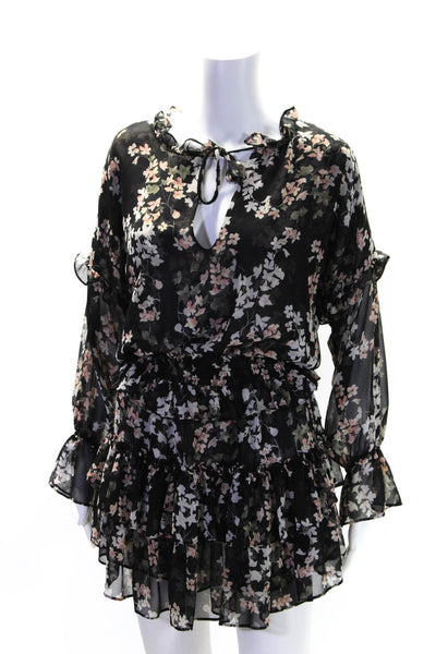 Misa Womens Floral Print Tassel Tied V-Neck Tiered Ruffled Dress Black Size XS