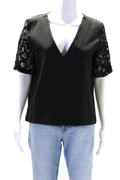 Alexis Womens Knit Short Sleeves V Neck Blouse Black Cotton Size Large