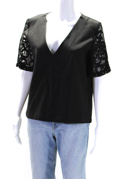 Alexis Womens Knit Short Sleeves V Neck Blouse Black Cotton Size Large