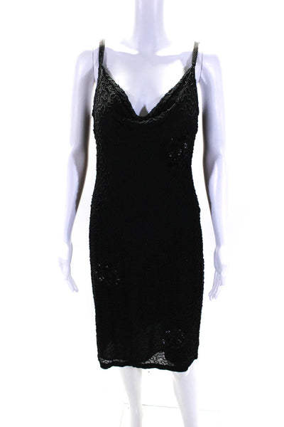 Tahari Womens Silk Beaded Draped Neck Sleeveless Zip Up Dress Black Size 10