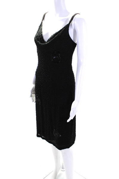 Tahari Womens Silk Beaded Draped Neck Sleeveless Zip Up Dress Black Size 10