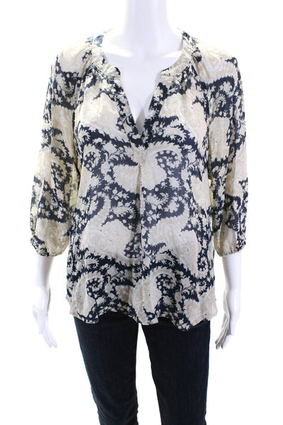 Joie Womens Silk Paisley Print Long Sleeves Blouse Navy Blue Beige Size Small