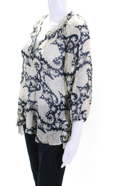 Joie Womens Silk Paisley Print Long Sleeves Blouse Navy Blue Beige Size Small