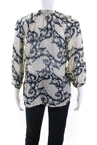 Joie Womens Silk Paisley Print Long Sleeves Blouse Navy Blue Beige Size Small