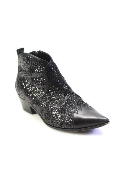 Tomas Maier Womens Side Zip Cap Toe Glitter Ankle Boots Black Leather Size 7.5