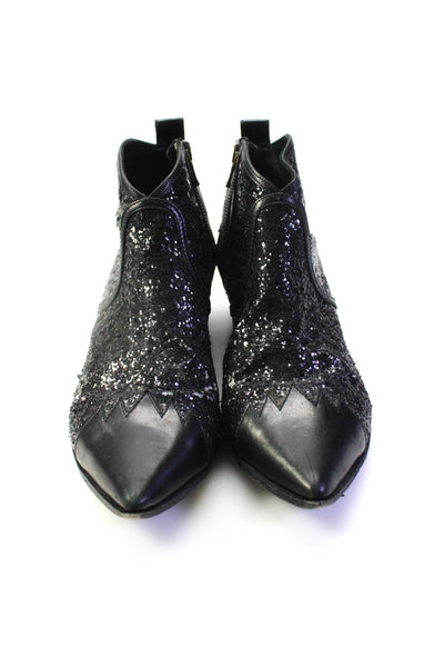Tomas Maier Womens Side Zip Cap Toe Glitter Ankle Boots Black Leather Size 7.5
