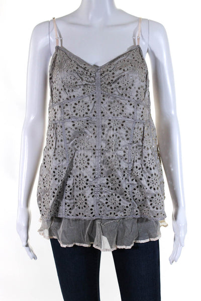 Marc Jacobs Womens Satin Eyelet Overlay Mesh V-Neck Tank Top Blouse Gray Size 10