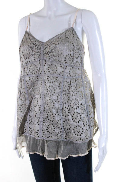 Marc Jacobs Womens Satin Eyelet Overlay Mesh V-Neck Tank Top Blouse Gray Size 10