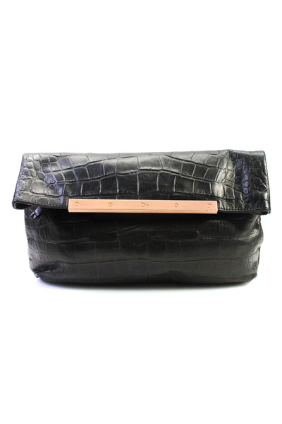 Joie Womens Textured Leather Magnetic Fold Over Closure Black Clutch Handbag