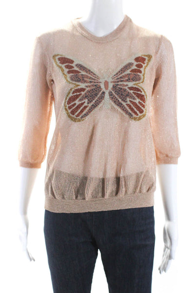 Twinset Womens Metallic Butterfly Short Sleeve Crew Neck Sweater Top Tan Size S