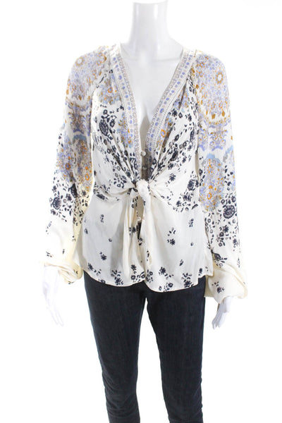 Free People Womens Satin Abstract Printed V-Neck Button Up Blouse White Size S