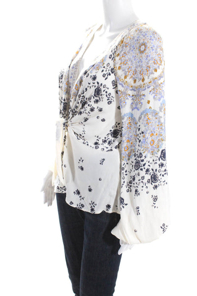 Free People Womens Satin Abstract Printed V-Neck Button Up Blouse White Size S