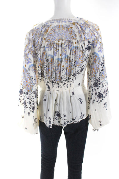 Free People Womens Satin Abstract Printed V-Neck Button Up Blouse White Size S