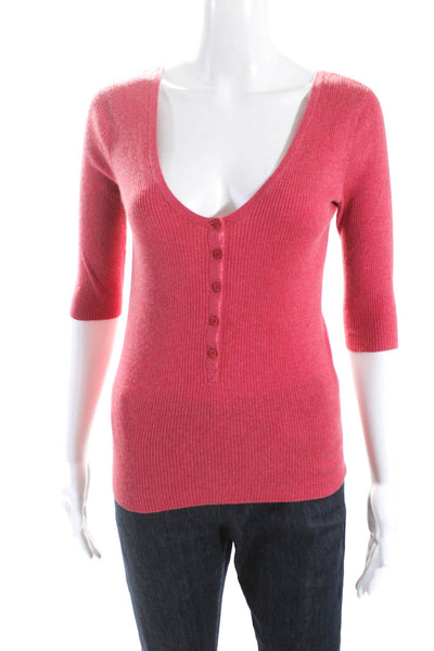 Marc Jacobs Womens Silk Cotton Ribbed Knit V-Neck Blouse Top Pink Size M