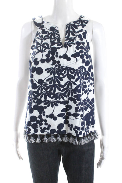 Trina Turk Womens Cotton Floral Printed V-Neck Sleeveless Blouse Top Blue Size M