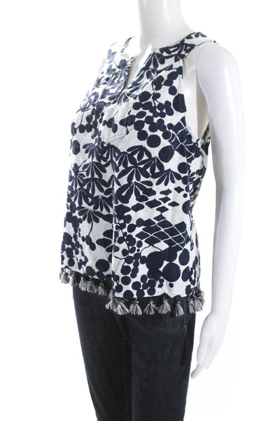 Trina Turk Womens Cotton Floral Printed V-Neck Sleeveless Blouse Top Blue Size M