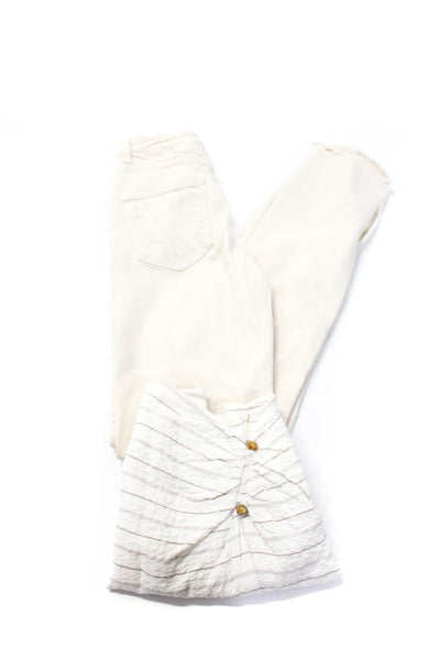 Zara Womens Crepe Striped Mini Skirt Straight Jeans White Beige Size S 2 Lot 2