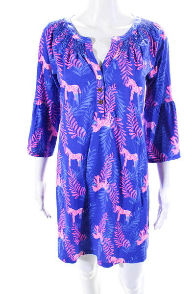 Lilly Pulitzer Womens Zebra Print Y Neck Henley Shift Dress Pink Blue Size XS