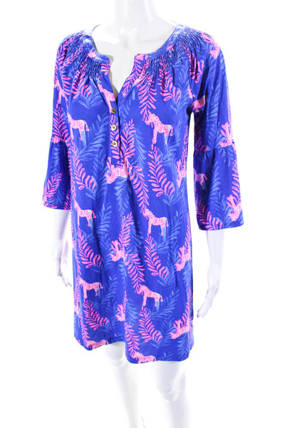 Lilly Pulitzer Womens Zebra Print Y Neck Henley Shift Dress Pink Blue Size XS