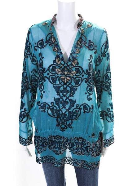 Hale Bob Womens Silk Printed Jeweled Long Sleeves Blouse Blue Size Small