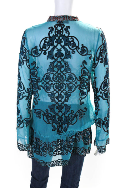 Hale Bob Womens Silk Printed Jeweled Long Sleeves Blouse Blue Size Small