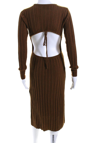 DH New York Womens Brown Ribbed Open Back Long Sleeve Sweater Dress Size S