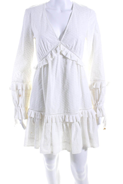 Love Shack Fancy Womens White Cotton Eyelet V-Neck Ruffle Shift Dress Size XS