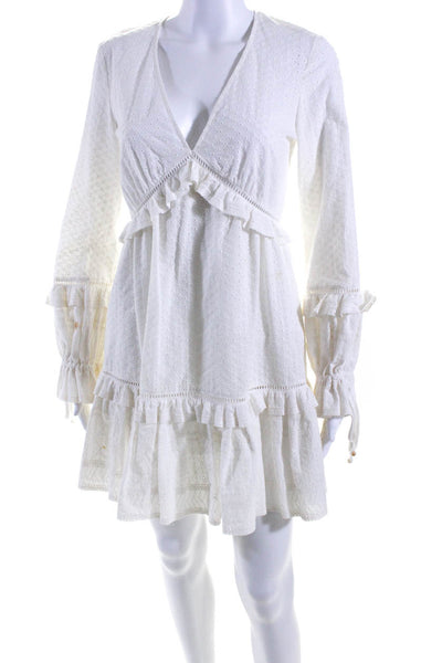 Love Shack Fancy Womens White Cotton Eyelet V-Neck Ruffle Shift Dress Size XS