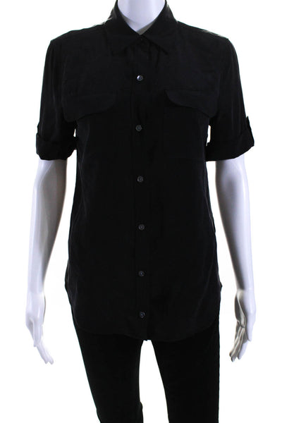 Equipment Femme Womens Black Silk Collar Short Sleeve Button Down Shirt Size XS