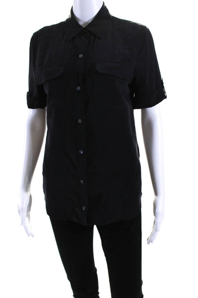 Equipment Femme Womens Black Silk Collar Short Sleeve Button Down Shirt Size XS