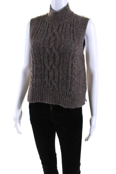 DH New York Womens Brown Cable Knit Wool Fuzzy Crew Neck Vest Sweater Top Size X