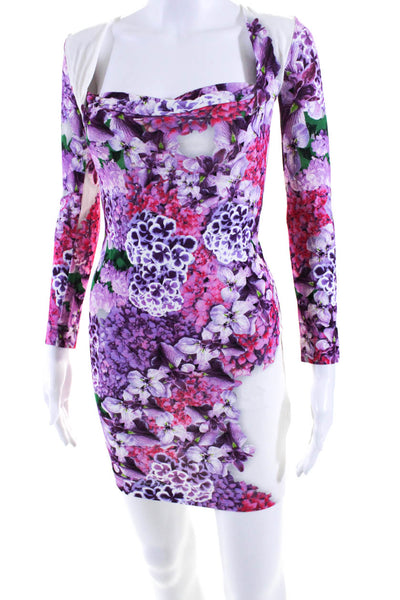 Just Cavalli Womens Long Sleeve Square Neck Floral Mini Dress White Pink Size XS